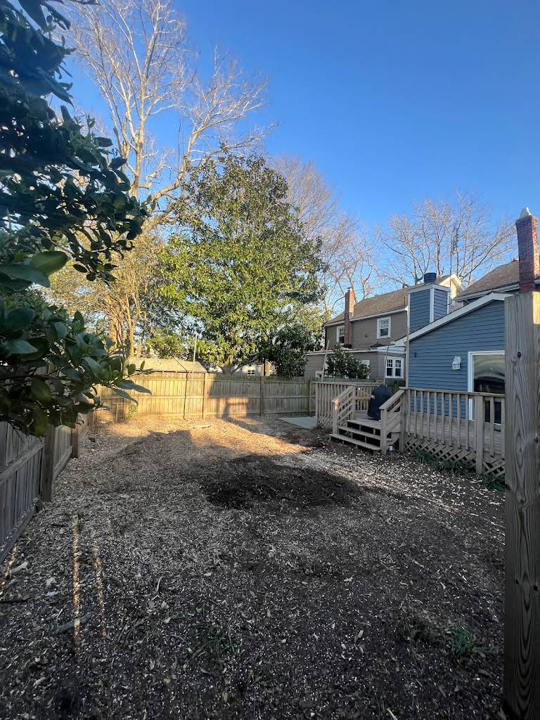 Residential backyard with wood chips and mulch after professional tree removal