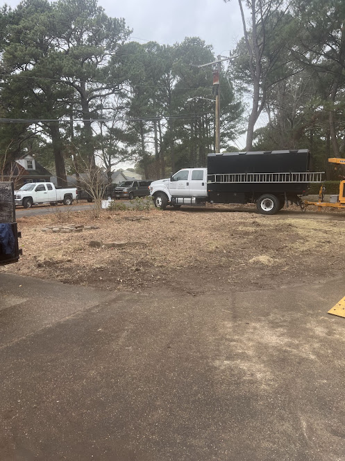 M&M Tree Service trucks and equipment at cleared job site showing professional operation